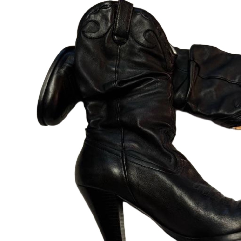 Jessica Simpson Daisy Black Leather Cowgirl Boots Size 7.5 Slouchy Almond Toe - Picture 8 of 13